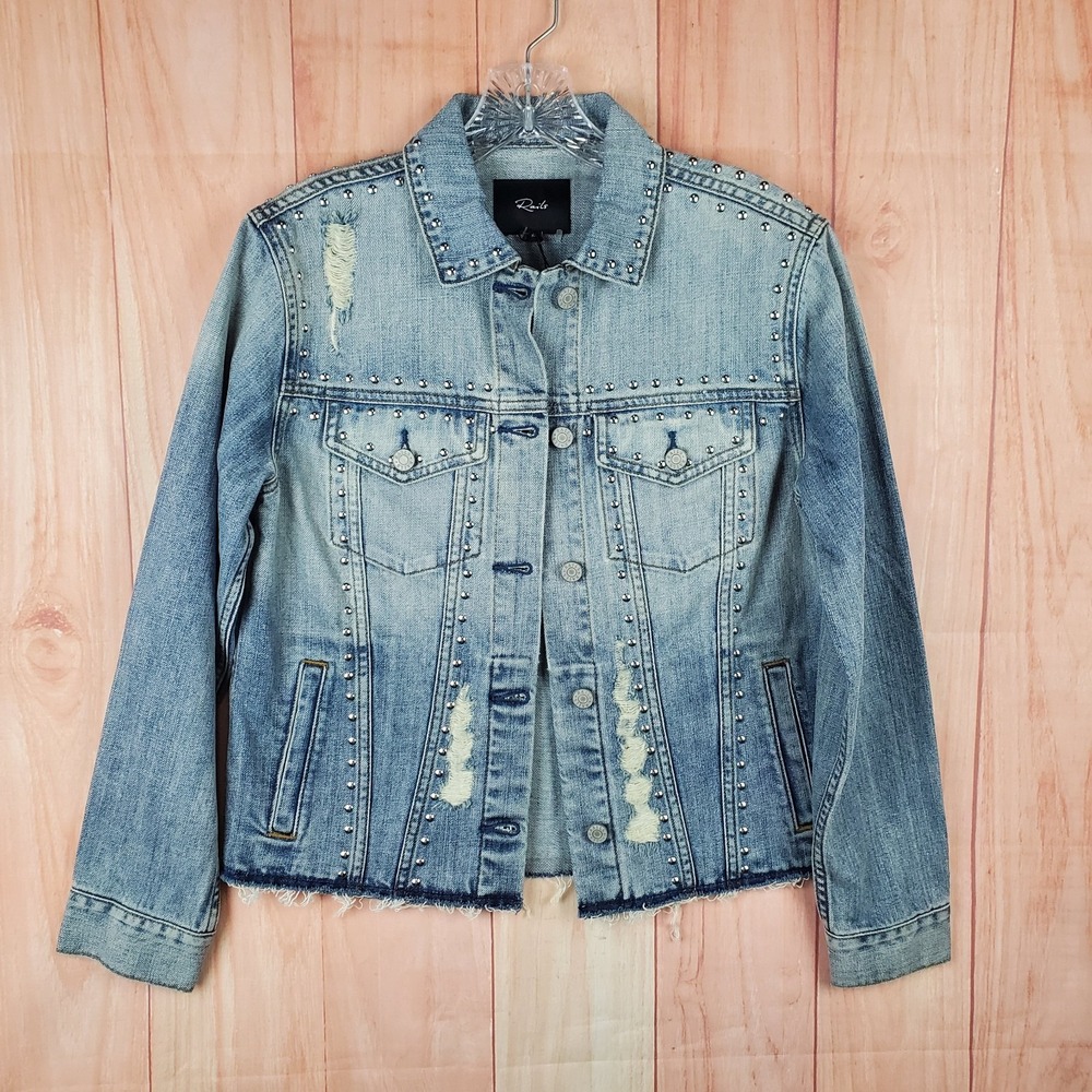 Rails Denim Jacket Womens Sz XS Light Wash Stud Accents Punk Distressed NEW